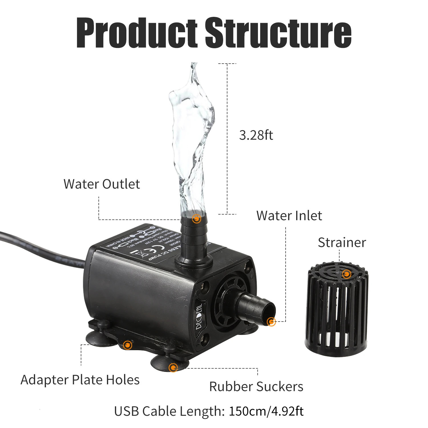 DC 5V Fountain Pump USB Brushless Water Oil Pump Micro Brushless Submersible Pond Fountain Pump 150L/H 1.2W Lift 3.28ft 250523