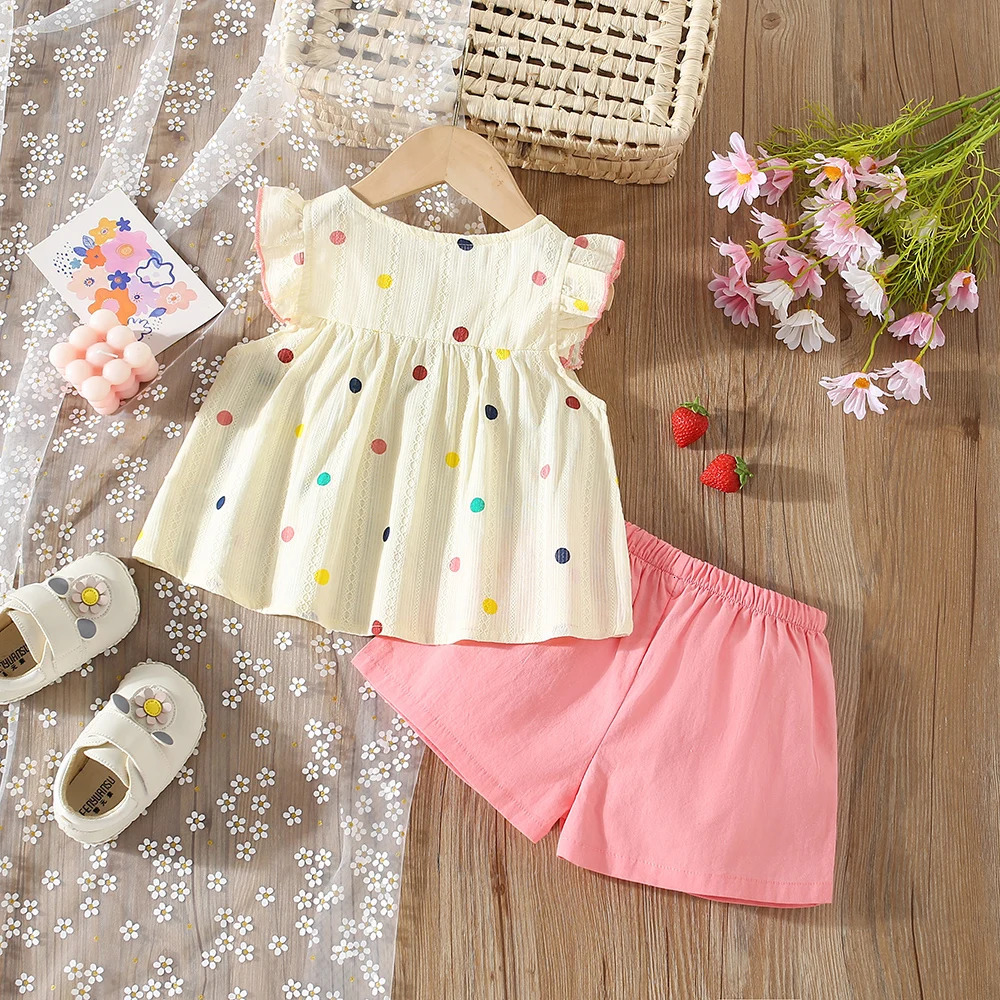Summer Baby Girl Colored Polka Dot Small Flying Sleeve Top And Shorts Set Beach TwoPiece Set 250527