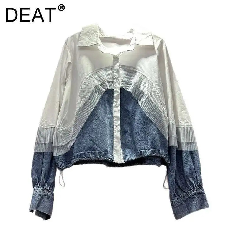 DEAT Womens Shirt Loose Patchwork Denim Drawstring Single Breasted Long Sleeve Casual Blouse Summer 2025 Fashion 29A760 250523