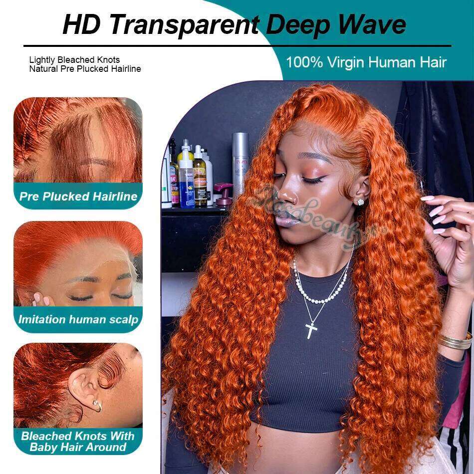 Rosabeauty 250 Density Orange Ginger 13X4 Front Curly Human Hair 30 Inch Deep Wave 13X6 Hd Lace Frontal Wigs