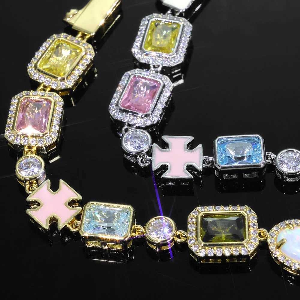 Colored Gems 10mm Tennis Chain Bracelet Mixed With Cross Brass Zircon Geometric Pattern Hip-Hop Style Bracelet For Men And Women W250526