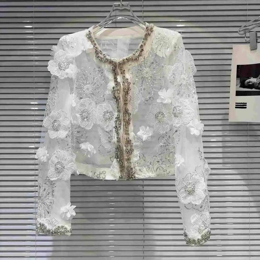 Women 3D Flowers Mesh Spliced Pearls Beaded Coat Sun Protection Thin Floral Embroidery Sequins Gauze Jacket Cardigan Tops