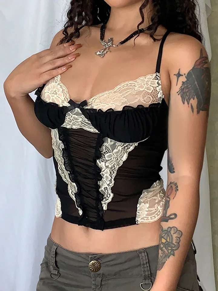 Rockmore Lace Stitching Camis y2k Aesthetic Goth Black Corset Crop Top Clubwear Mesh Transparent Sexy Tank Tops Vintage Grunge 250523