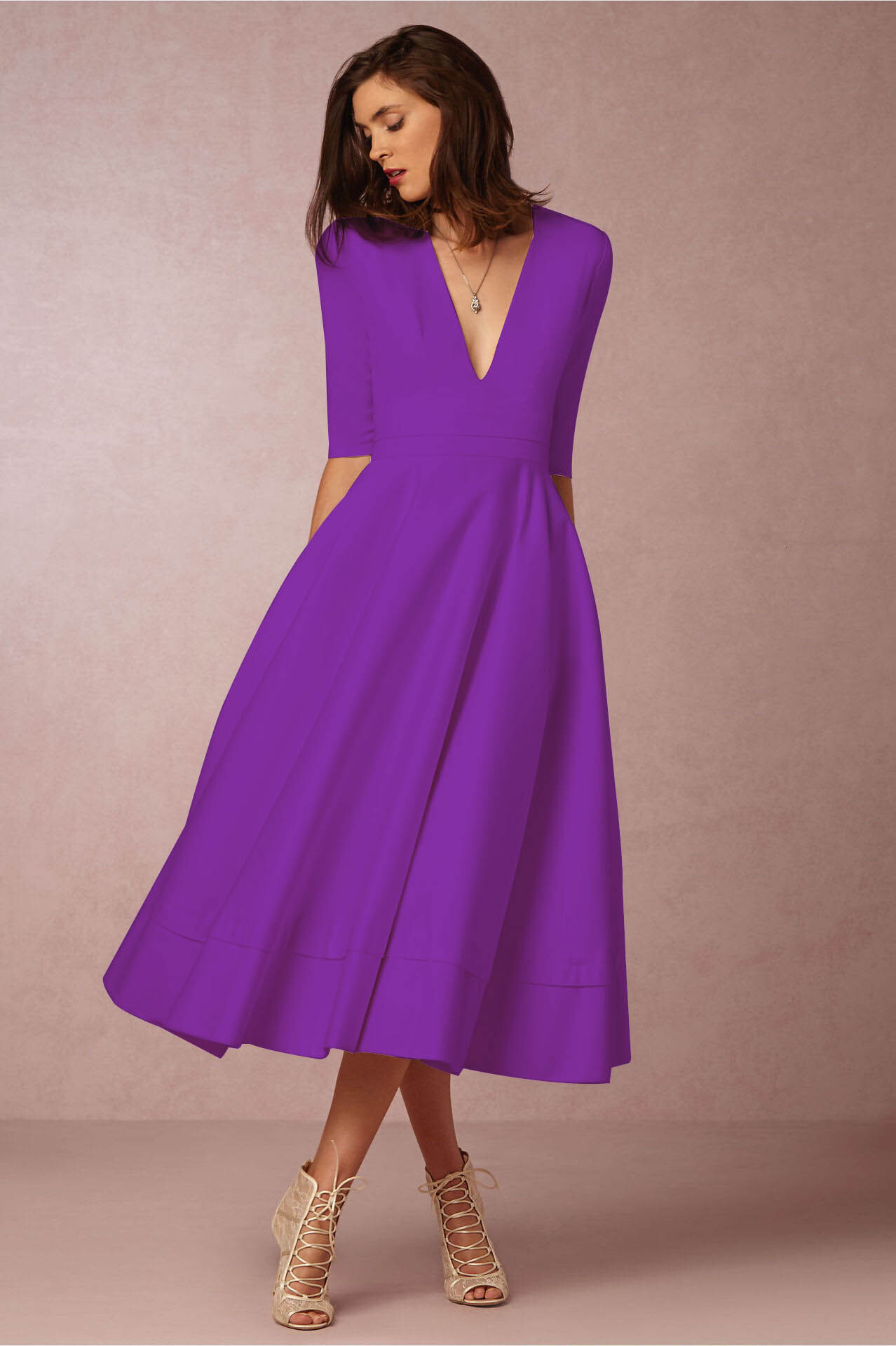 Spring and summer new sexy deep V-sleeve dress mid length dress