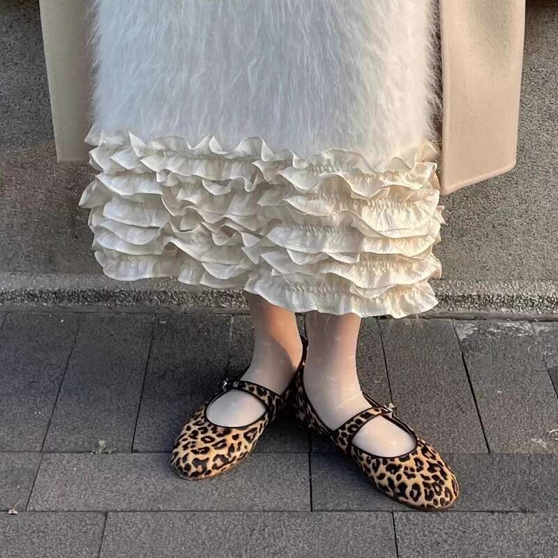 Sheepskin Version ~ Korean Style Niche Leopard Print Genuine Leather One-Strap Flat for Women Ballet Mary Jane Shoes