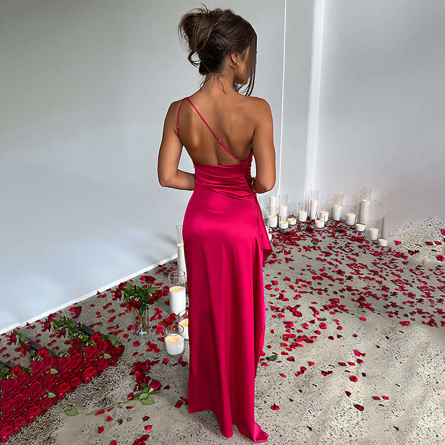2025 Summer New Design Sense Elegant Sexy Slim Fit Asymmetric Shoulder Split Satin Dress for Women