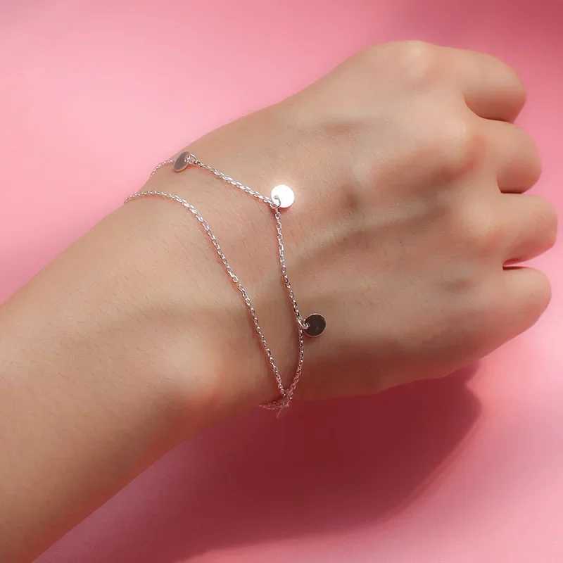 Trustdavis Genuine 100% 925 Sterling Silver Double Chain Layer Round Slice 16cm Bracelet For Women Girls Jewelry Gift DS1867 W250526