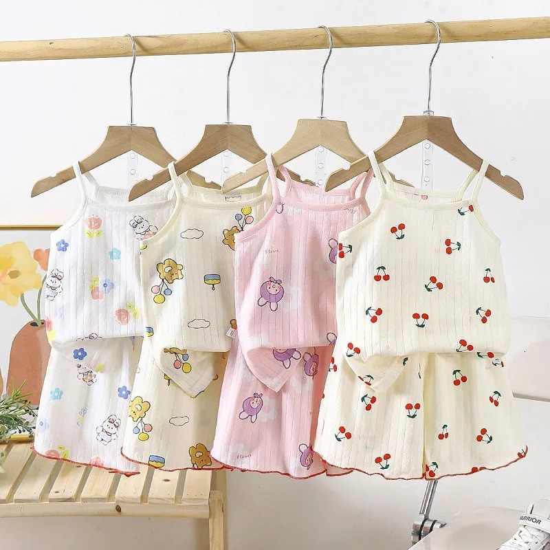 Children Suspender Set Summer Girls Cotton Pajamas Vest Shorts Cartoon Sleeveless Cute Soft Sleepwear Cherry Print 2PCSSet 250527