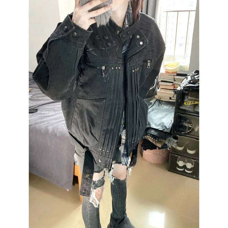 American Vintage Splicing Distressed Design Zipper Denim Men High Street Trend 2025 New Versatile Couple Winter Jackets