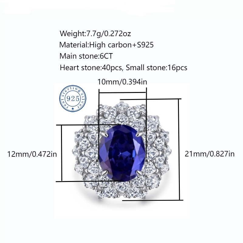 6CT 10*12 S925 sterling silver high carbon diamond cultivated sapphire Royal Blue ring finely elegant individualistic fashionable hotselling designer 