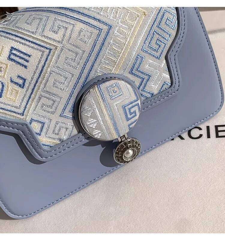 Blue Color Fashion Embroidery Square High Quality Textured Leather Clutch Purse Women Handbag Shoulder Crossbody Bag