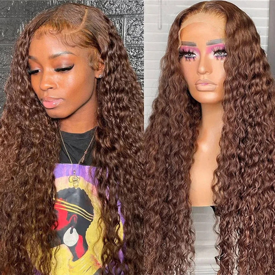 Kinky Curly Wigs Brown 13x6 HD Lace Front Human Hair Wigs For Women Water Deep Wave 13x6 HD synthetic Lace Frontal Wig