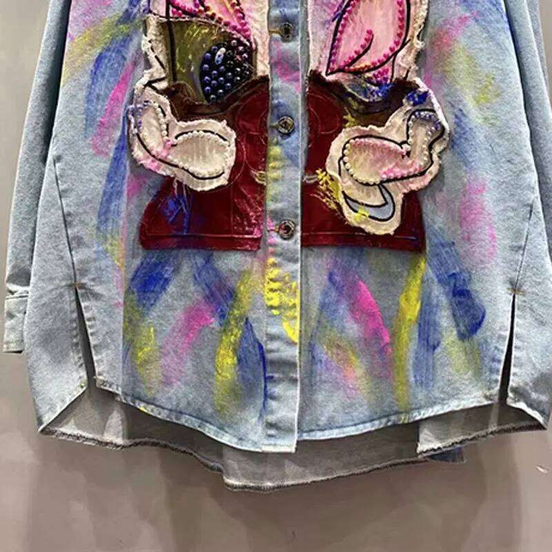 Trendy Jacket 2025 Spring And Autumn New Cartoon Sticker Hand-Painted Design Loose Women's Clothing Denim Shirt