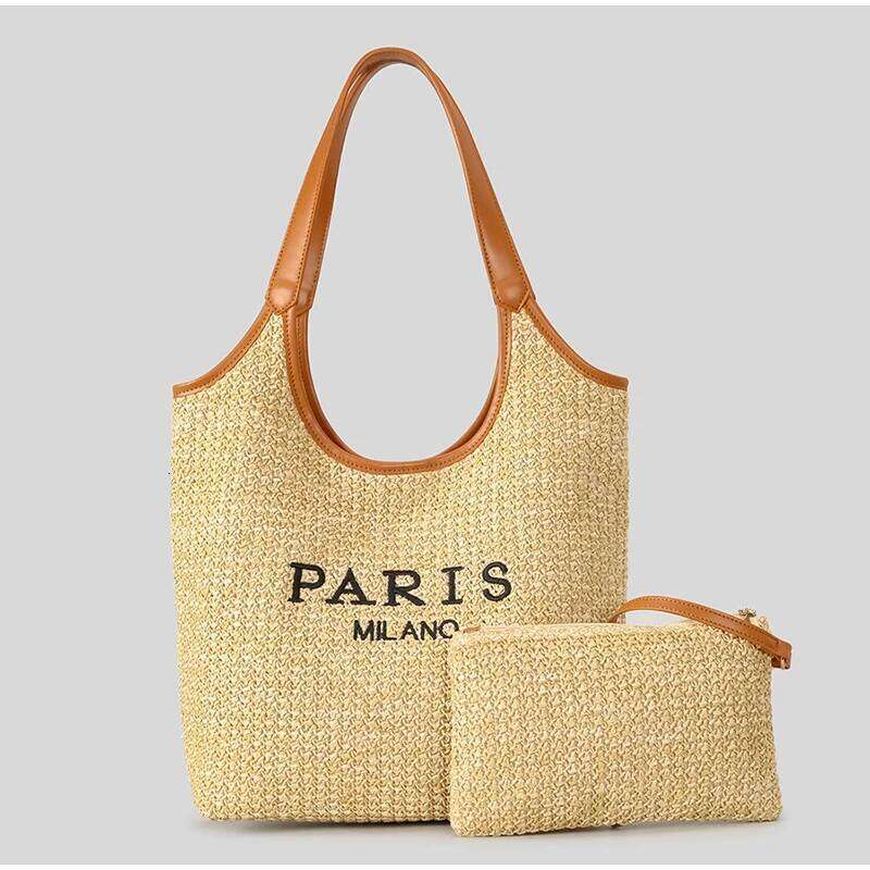 Women's Bags Designer Brand Mother-And-Child Beach High Quality Splicing Letter Printed Shoulder Women Woven Straw Bucket Tote Bag