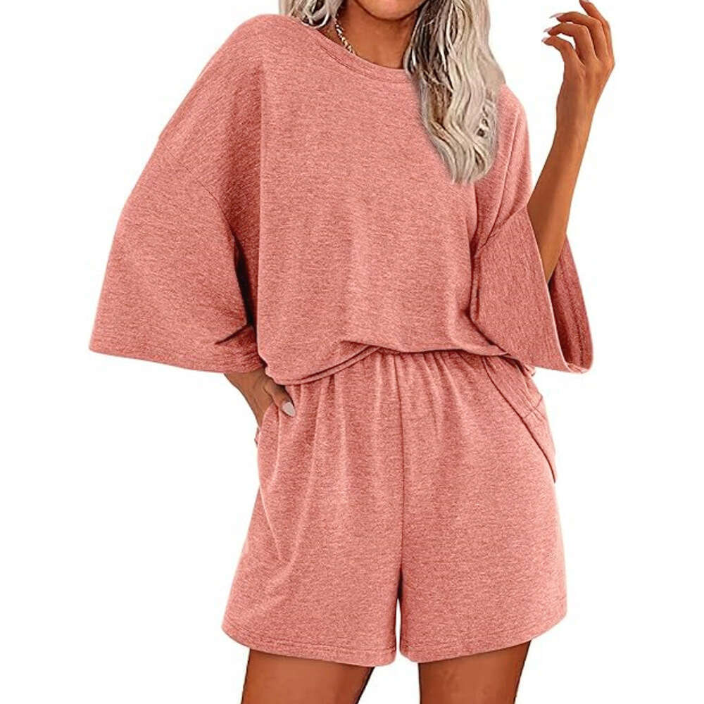 2025 Casual Women's Summer Solid Color Round Neck Short Sleeve Top Elastic Shorts Two-Piece Set for Women