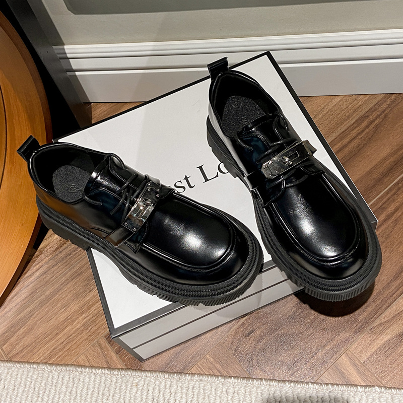 Black Round Toe Loafers British Style Thick Sole shoes Women's Retro Square Toe Oxford Leather Shoe