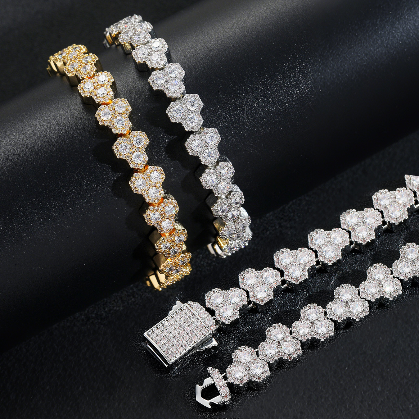 10mm Spring Box Buckle Geometric Full Sparkly Diamond Tennis Chain Bracelet For Men And Women Personalized Cubic Zirconia Hip Hop Wolf Tide Jewelry Pu