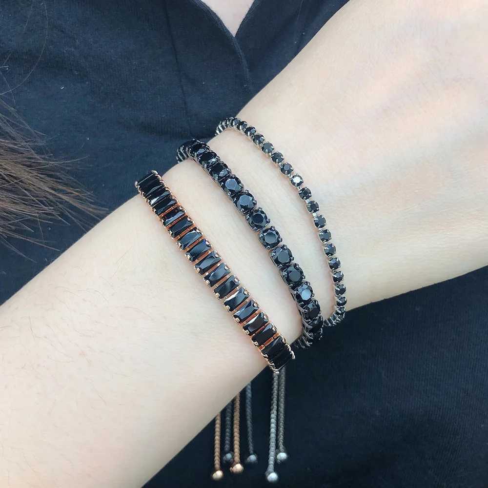 Hippie Black Crystal Tennis Bracelet for Men Steampunk Adjustable Zircon Womens Bangle Chain on The Hand Hip Hop Trendy Jewelry W250526