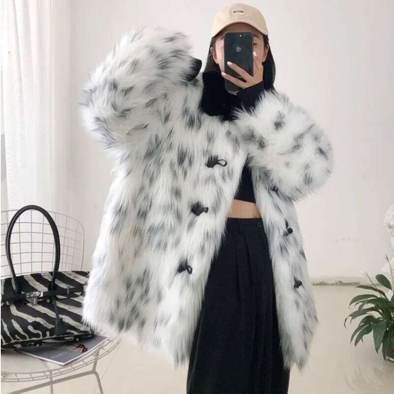 2024 Winter Warm Horn Button Black Turn-Down Neck Plush Jacket Women Faux Fox Fur Leopard Cardigan Ladies Long Sleeve Thick Coat