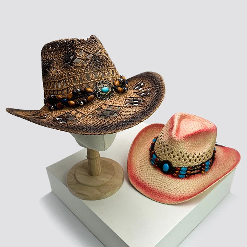 Unisex Exotic Style Retro Bandhnu Travel Cowboy Hats Outdoor Beading Beach Sunshade Niche Straw Caps Versatile Hollow Out 250526