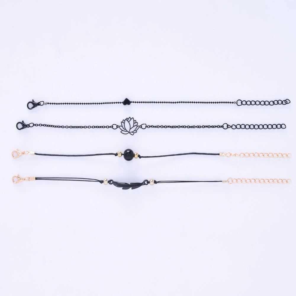 SUMENG 2024 New Fashion 4PCs Gothic Black Feather Lotus Bracelets Set Heart Charm Boho Bangles For Women Wrist Chain W250526