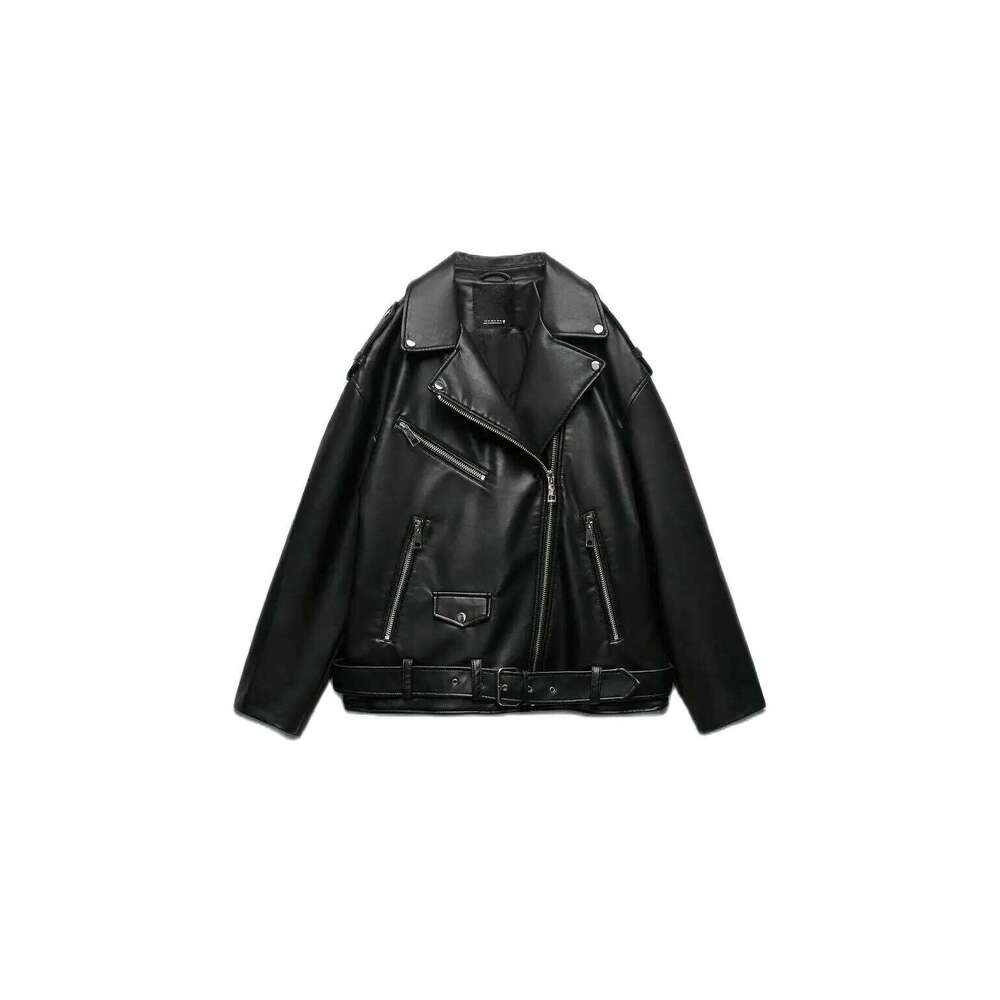 TRAF New Imitation Leather Fall And Winter Lapel Long-Sleeved Pockets With Belt Jacket Women's Fashion Coat