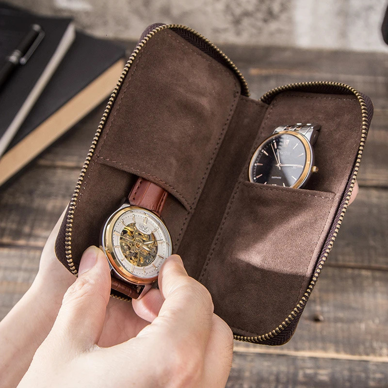 Rustic Leather 2-Slot Watch Box Pouch with Zipper Portable Organizer Bag Holds 2 Watches Brown 250526