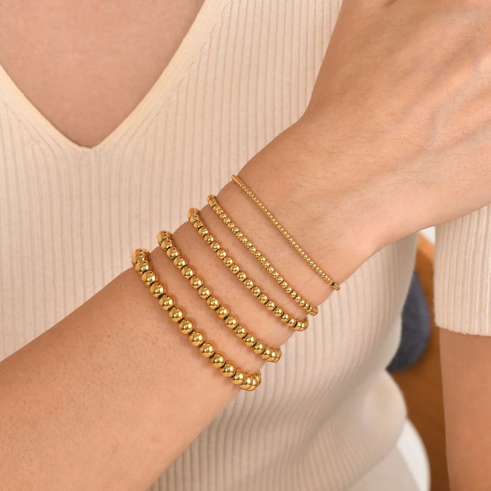 2mm-6mm Beaded Ball Chain Bracelet Stainless Steel Stretchable Elastic Link Gold Plated Wristband for Women Girls Jewelry Gift W250526