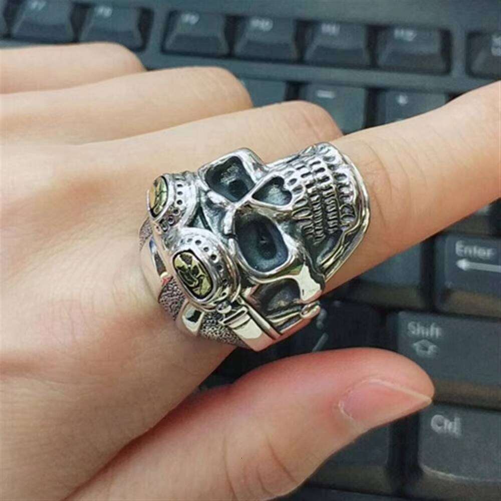 Personalized Biker for Men Genuine Sterling Sier Skull Head With Pilot Glass Mens Rings Resizable Vintage Punk