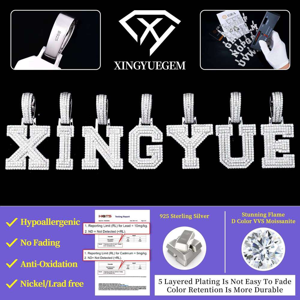 Wholesale Hip Hop Style Jewelry Iced Out Sterling Sier VVS Mossanite Moissanite A-Z Initial Letter Pendant for Men Chain