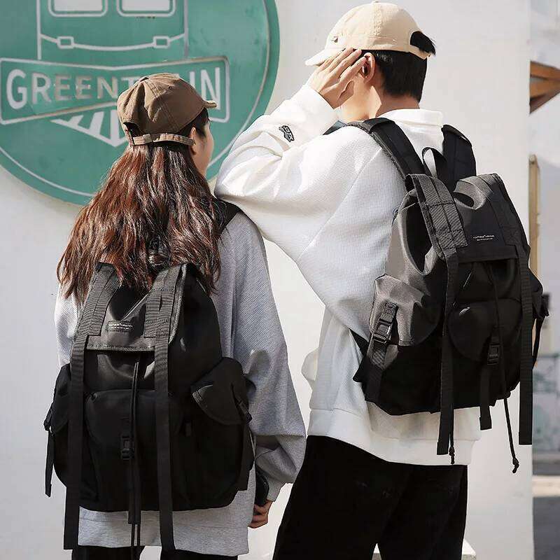Tactical Techwear Hip Hop Backpack Men Women Outdoor Casual Motorcycle Waterproof Ribbons Drawstring School Bags Mochila