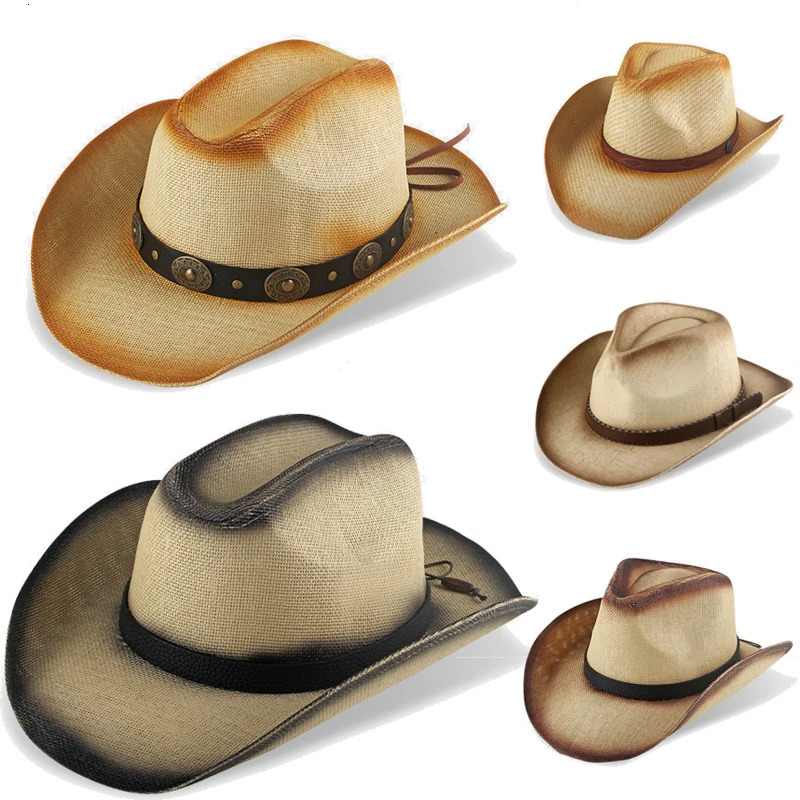 Hollow Out Straw Western Cowboy Hat for Men Women Summer Curling Brim Beach Sun Hats Panama Cowgirl Hats Outdoor Fishing Hat 250526