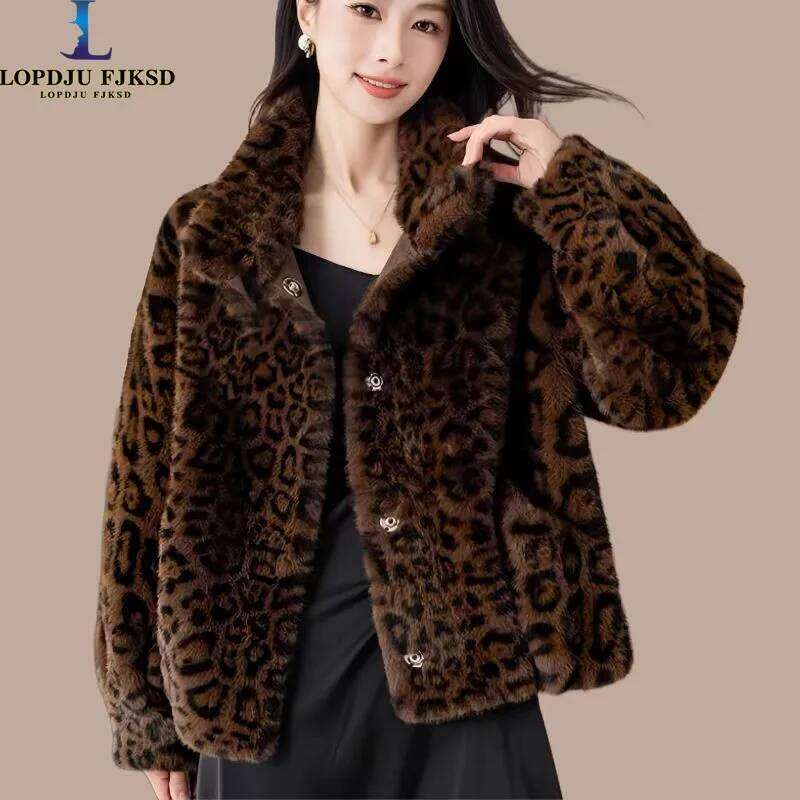 Faux Mink Fur Coat for Women, Single Breasted Jacket,Leopard Print Overcoat,Female Tops, Designer Clothes New, Winte,2024