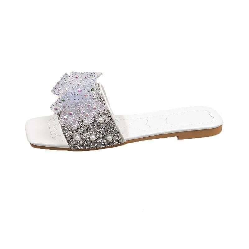 Crystal Bow Slippers For Women's Summer New Flat And Comfortable Sandals Wearing Rhinestone Sandals For Outerwear High-quality Designer Sandals F