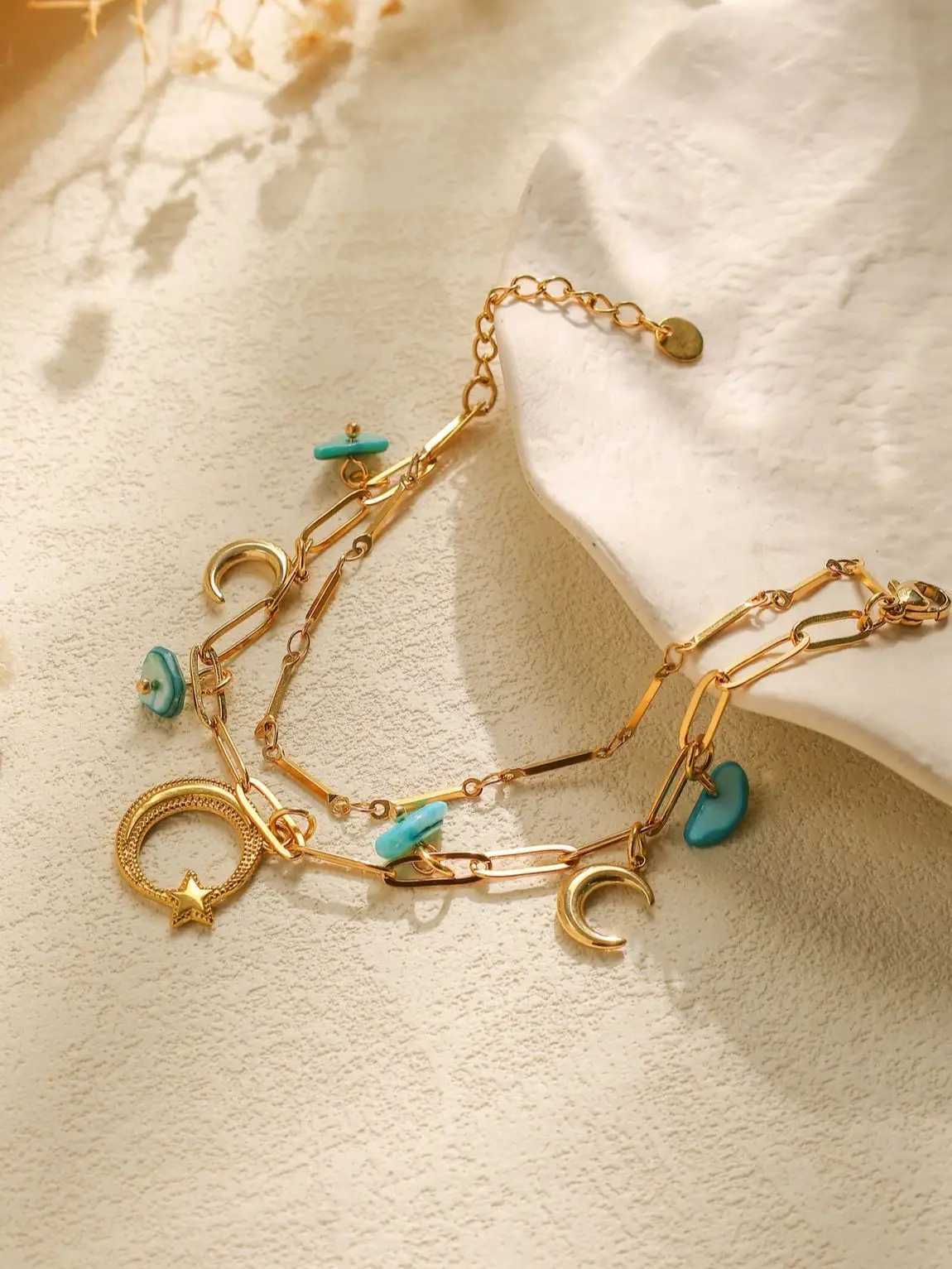 Fashionable trend design double layer natural stone moon sun starfish pendant bracelet women waterproof jewelry beach party gift W250526