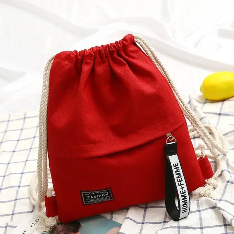 1 Pc Canvas School Bag Double Shoulder Drawstring Pocket Portable Casual Women Men Travel Backpack
