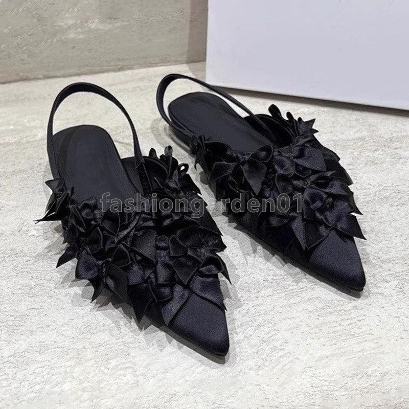 free shipping designer sandals womens flats heels sandal summer yellow black satin face classic fashion bowknot pointed toe ankle strap single shoes l