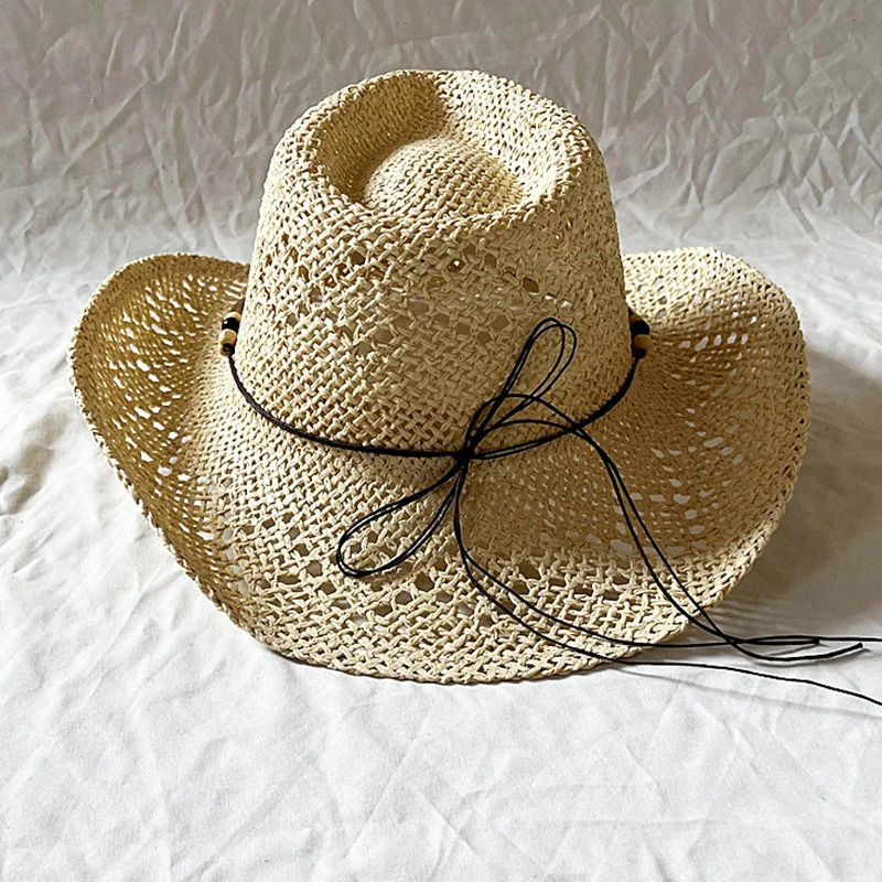 Ethnic Style Gemstone Beaded Cowboy Straw Hat Men Women Summer Sunshade Sunscreen Hat Hollow Breathable n Tibetan Straw Hat 250526