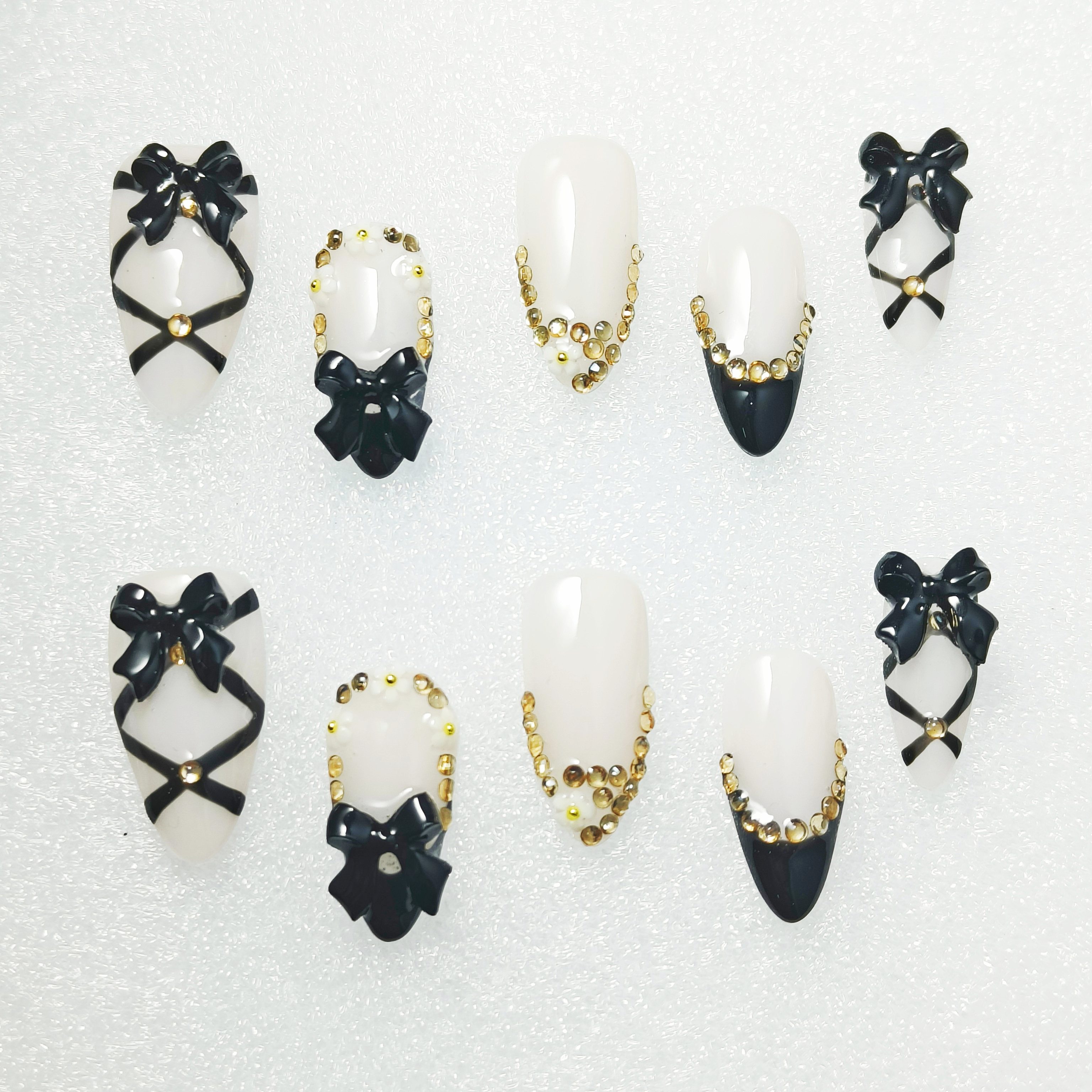 10pcs Handmade Press-on nails Medium Almond Nails French Tip Bow Fake nails 3D Flower Diamond Finished nail stickers Free storage box jelly glue and r