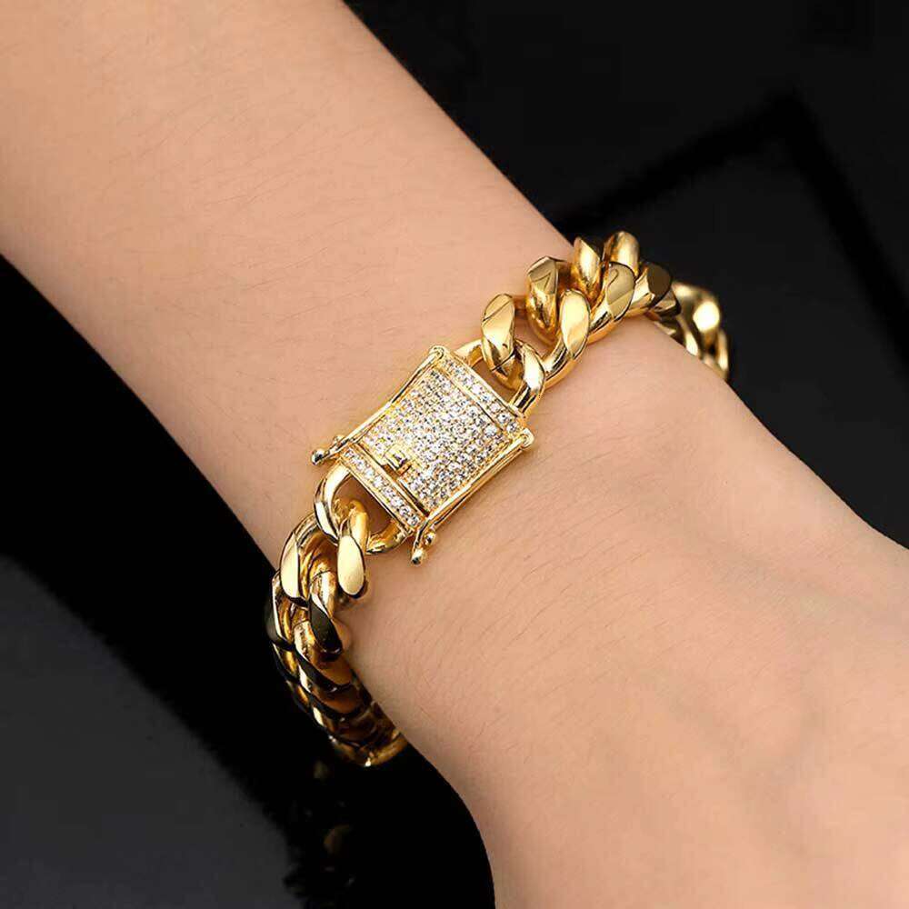Stainless Steel Bracelet Gold Plated Cuban Chain Fashion Bangle With Crystal Charm Clasp for Men Wholesale