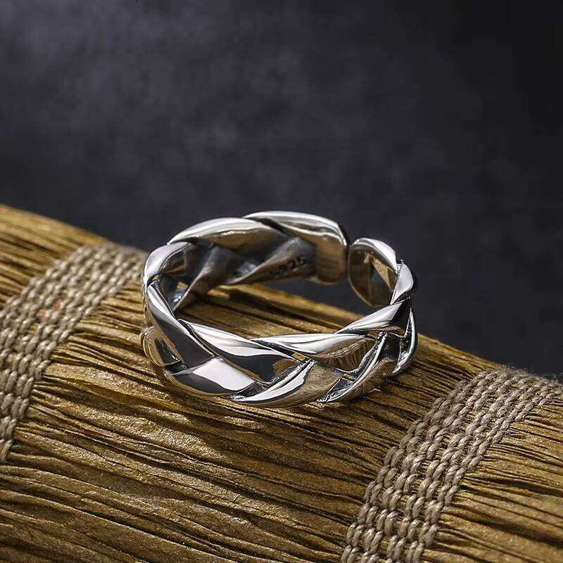Real Pure Sterling Sier Simple Men's and Women's Open Ring with Fashion Woven Adjustable Size Vintage Jewelry