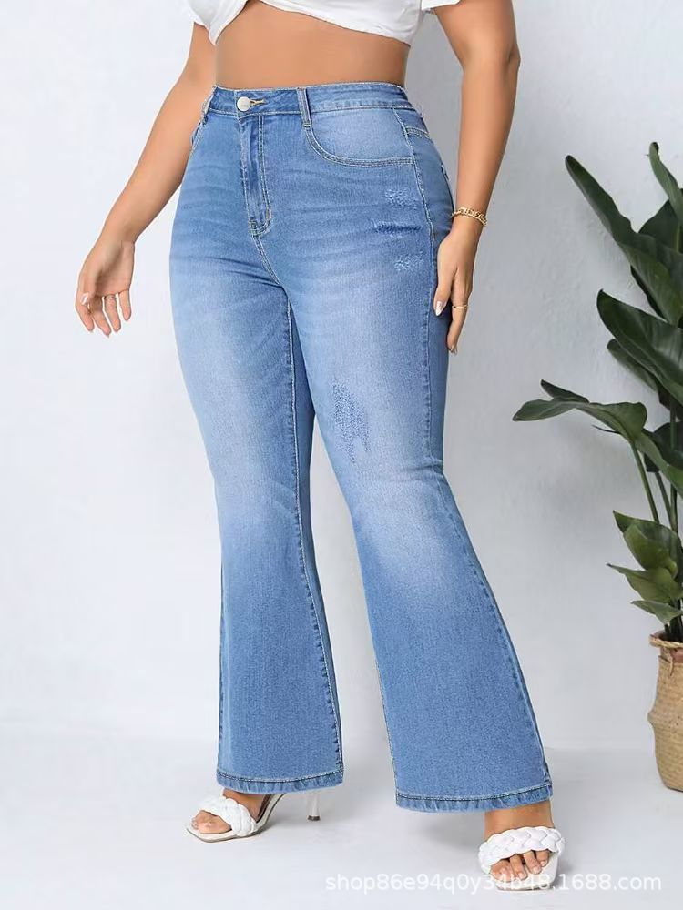 Women's Plus Size Pants New style fashion versatile slightly flared horse hoof shaped high waisted stretch denim trousers spring autumn