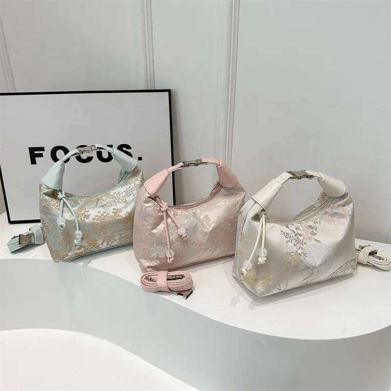 Sweet Embroidery Shoulder Nylon Texture Pearl Pendant Crossbody Bag Small Bucket Handbag Women Girl