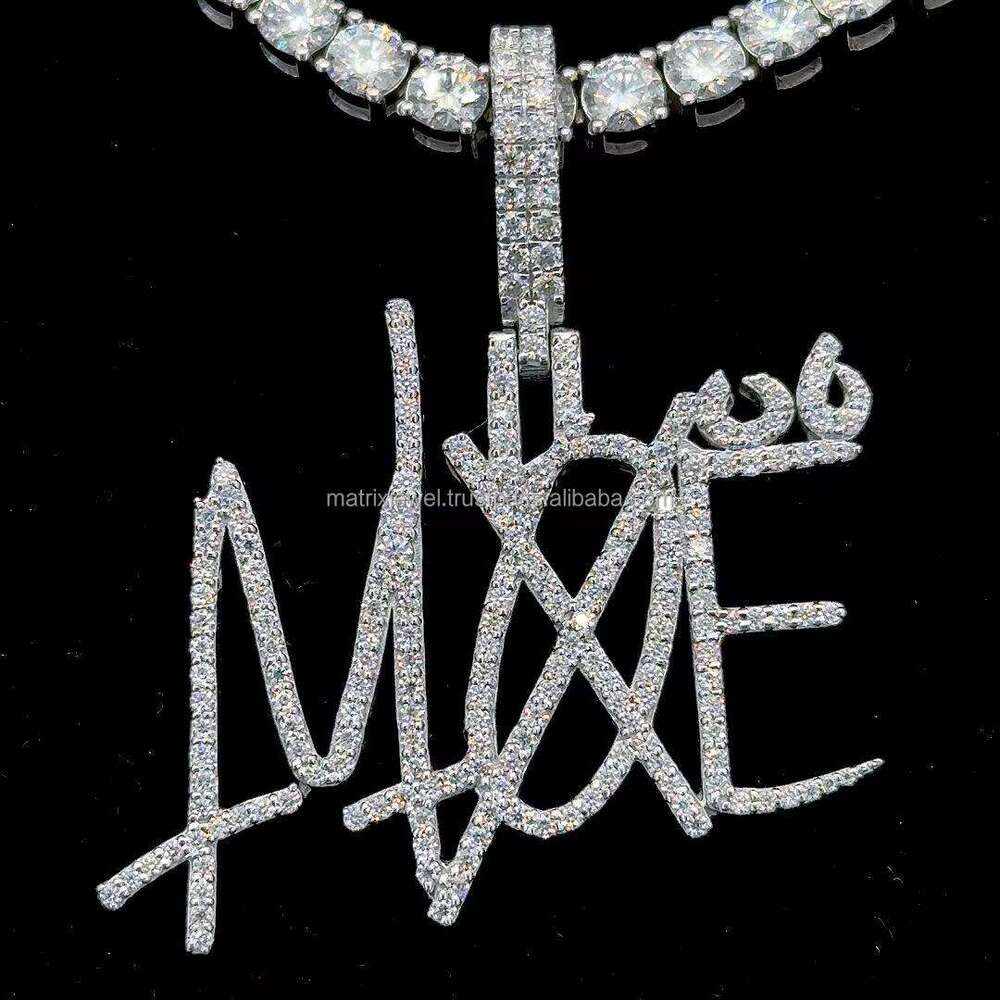 Classic Single Layer Name pendant Iced Out in Sterling Sier white plated Round Cut Moissanite Dias Pendant