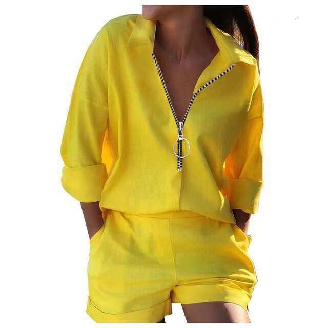 2025 Summer New Women's Long Sleeve Printed Zipper Top and Shorts Two-Piece Set