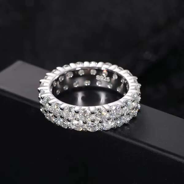 Top Quality 2 Rows 3mm VVS1 Moissanite Rings For Men Hip Hop Jewelry 100% 925 Sterling Silver Hip-hop / Rock Bling Ring Gift