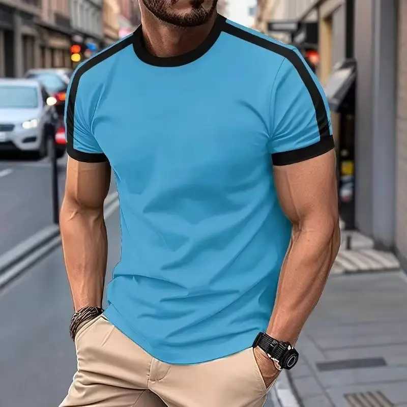 New Summer Elastic Casual Short-Sleeved Mens Daily Party Home Social Color Matching T-Shirt Solid Color Vintage Streetwear Top Z250527