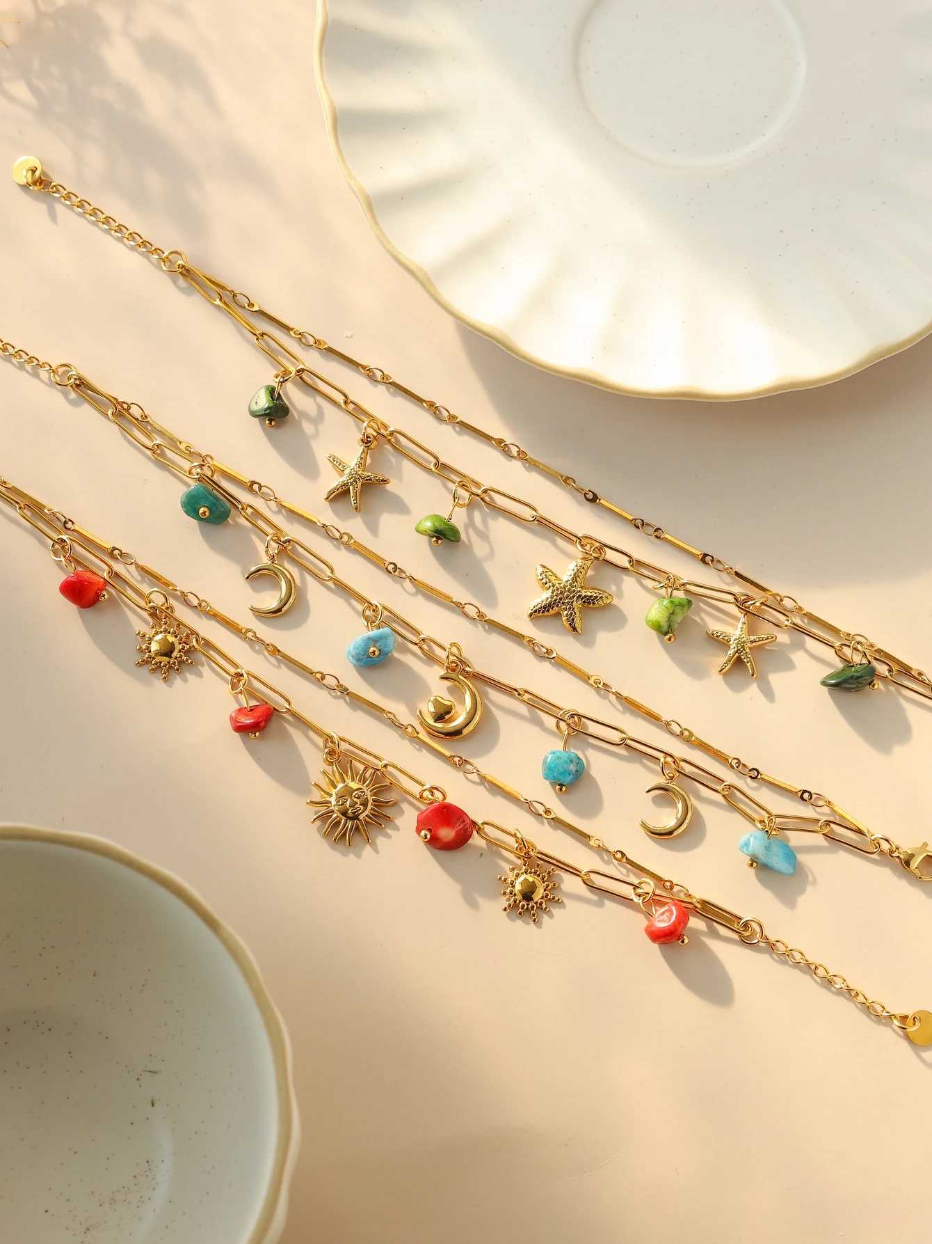 Fashionable trend design double layer natural stone moon sun starfish pendant bracelet women waterproof jewelry beach party gift W250526