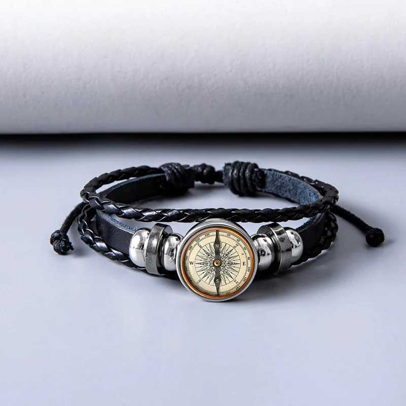 Vintage Compass Picture Glass Dome Snap Button Bracelet Multilayer Woven Leather Bracelets For Men Boys W250526