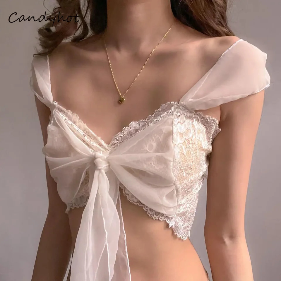Candy Sexy Mesh Perspective Crop Tops Summer Y2K Lace Low cut Slim Strap Top High Street Fashion Nightclub Top Womens Wear 250523